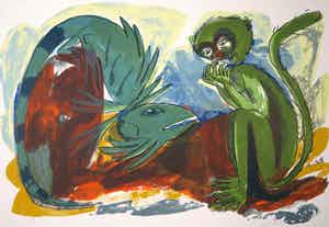 John Lie a Fo - Zeefdruk, Groene aap en reptiel verkocht voor € 40!