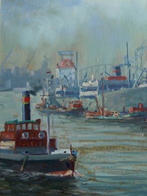 Niet of onleesbaar gesigneerd - Olieverf op doek , Havengezicht, Rotterdam? – ingelijst & gesigneerd kopen? Bied vanaf 1!