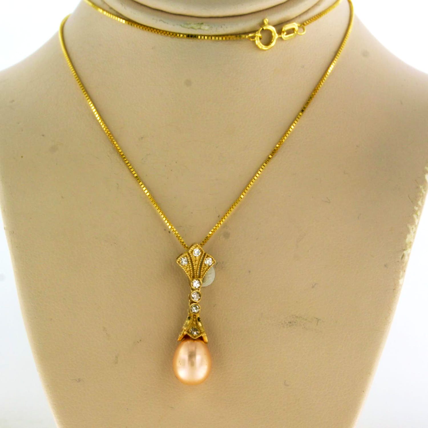 14k gouden collier en hanger met parel en single cut geslepen diamant tot.0.20ct kopen? Bied vanaf 280!