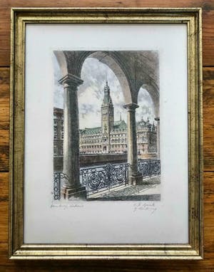Albrecht Bruck - Hamburg- (oude) stadhuis- ingelijst; in hand- en druk gesigneerd. kopen? Bied vanaf 35!