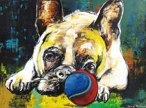 Daniel Maltzman - Acryl op doek, Dog with ball verkocht voor € 1!