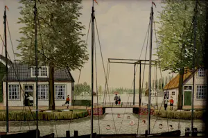 Jaap ter Haar - Olieverf op board: dorpsgezicht met zwemmende kinderen kaufen? Bieten Sie von 1750!