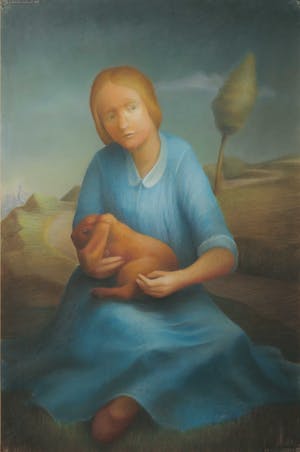 Peter Miedema - Pasteltekening, Meisje met konijn - Ingelijst (Groot) kopen? Bied vanaf 150!