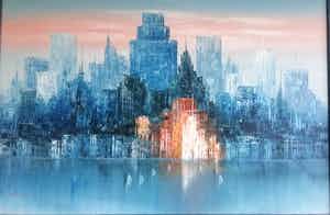 Niet of onleesbaar gesigneerd - New York Skyline (erg groot schilderij) verkocht voor € 1!