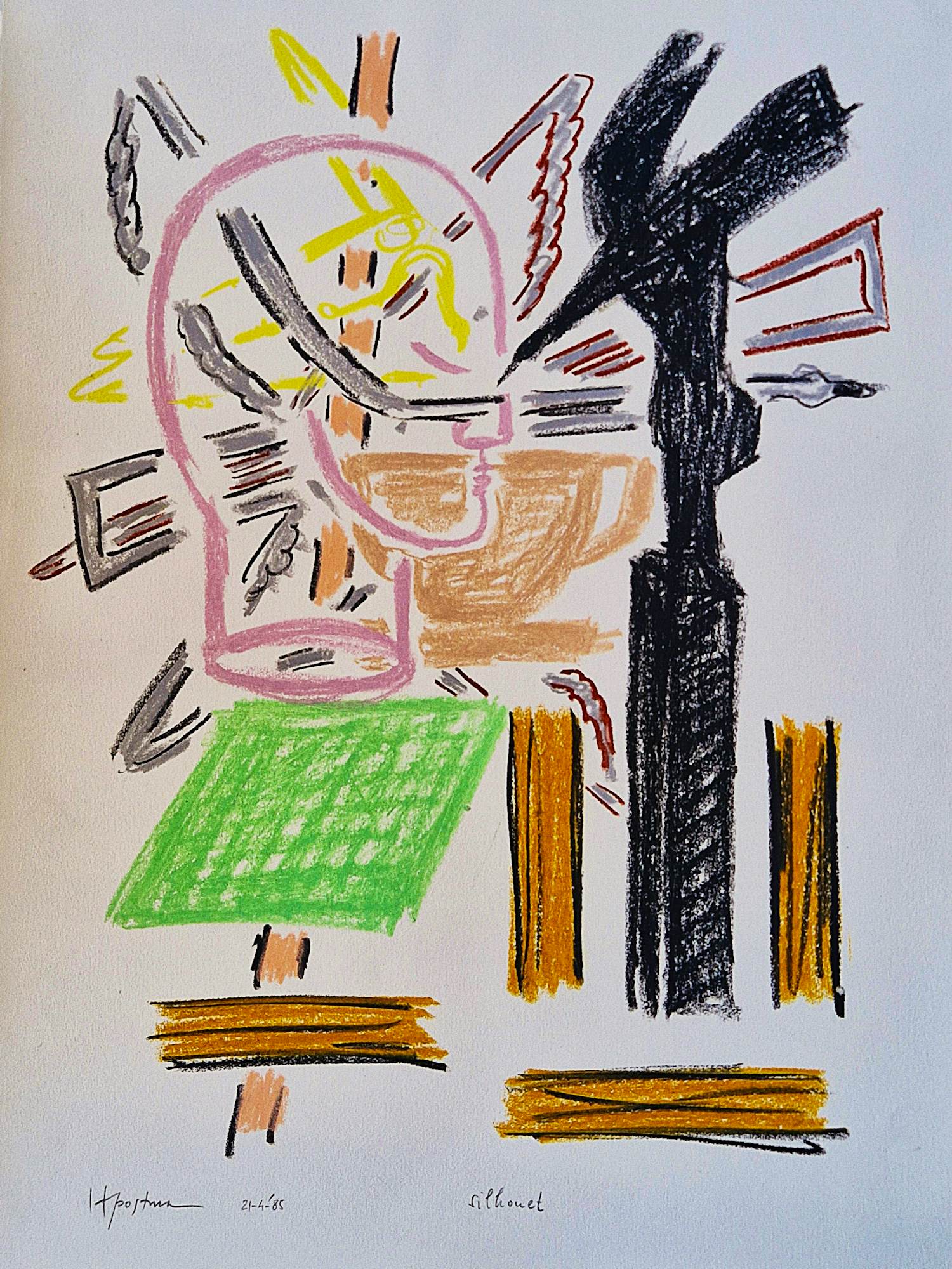 Hannes Postma - grote in 1985 gemaakte pastel krijt tekening "Silhouet" gesigneerd kopen? Bied vanaf 50!