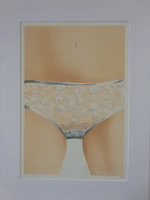 Max Selen - ONDERBROEKJE / KLEURLITHO / 70x53cm / KADER / SIG / 1976 kopen? Bied vanaf 30!