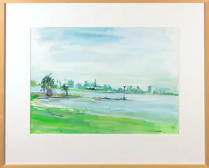 Liz Strick - Acryl op papier, Uiterwaarden Neder-Rijn I - Ingelijst kopen? Bied vanaf 1!