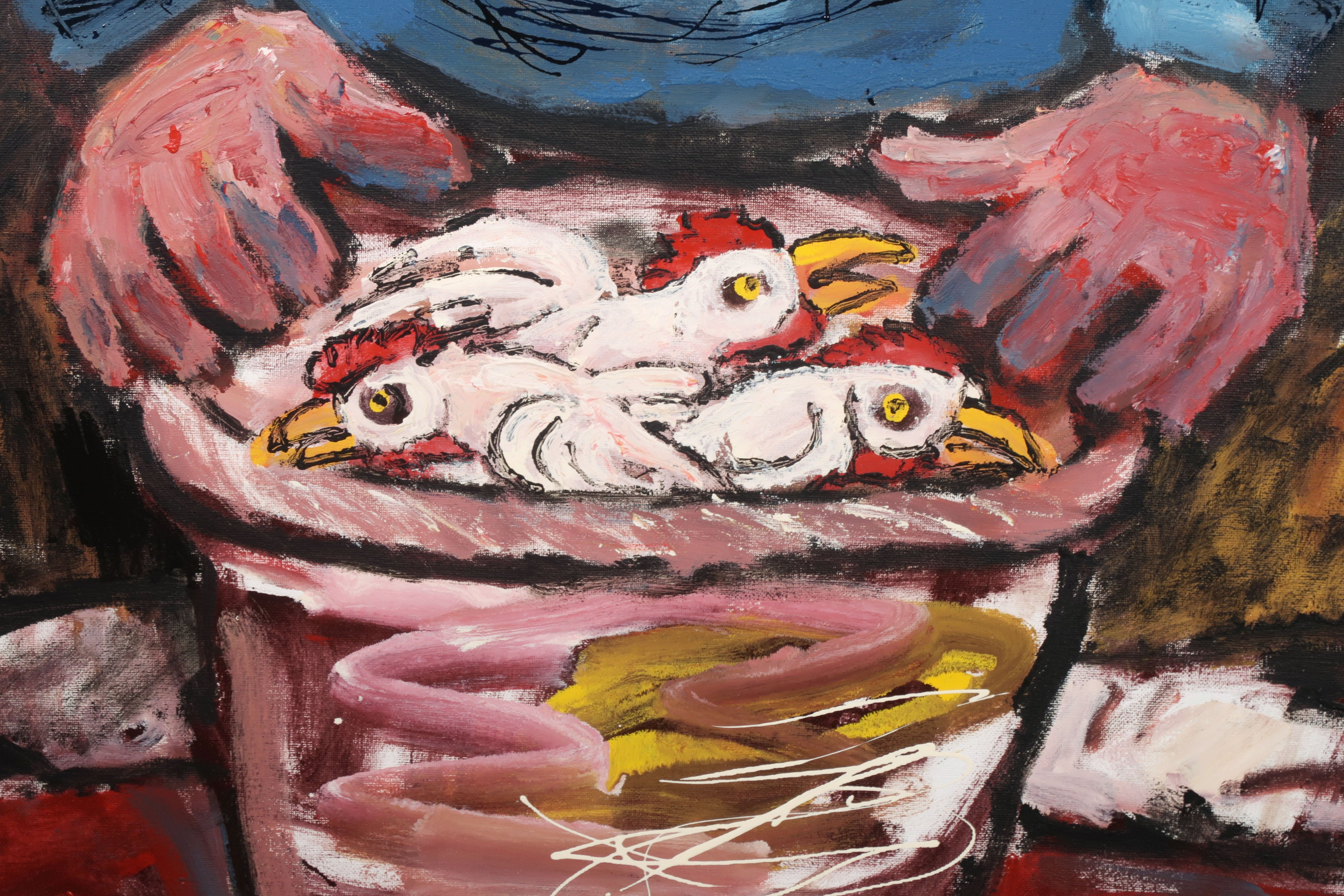 Martin van Wordragen - Gemengde techniek op doek, Marktman met haantjes - Ingelijst kopen? Bied vanaf 550!