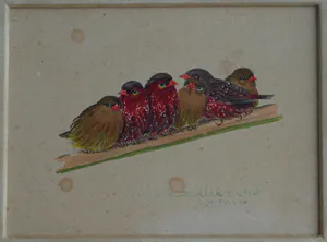 Niet of onleesbaar gesigneerd - Ingelijst, Gouache , 6 Vogeltjes op een tak - Oud kopen? Bied vanaf 1!