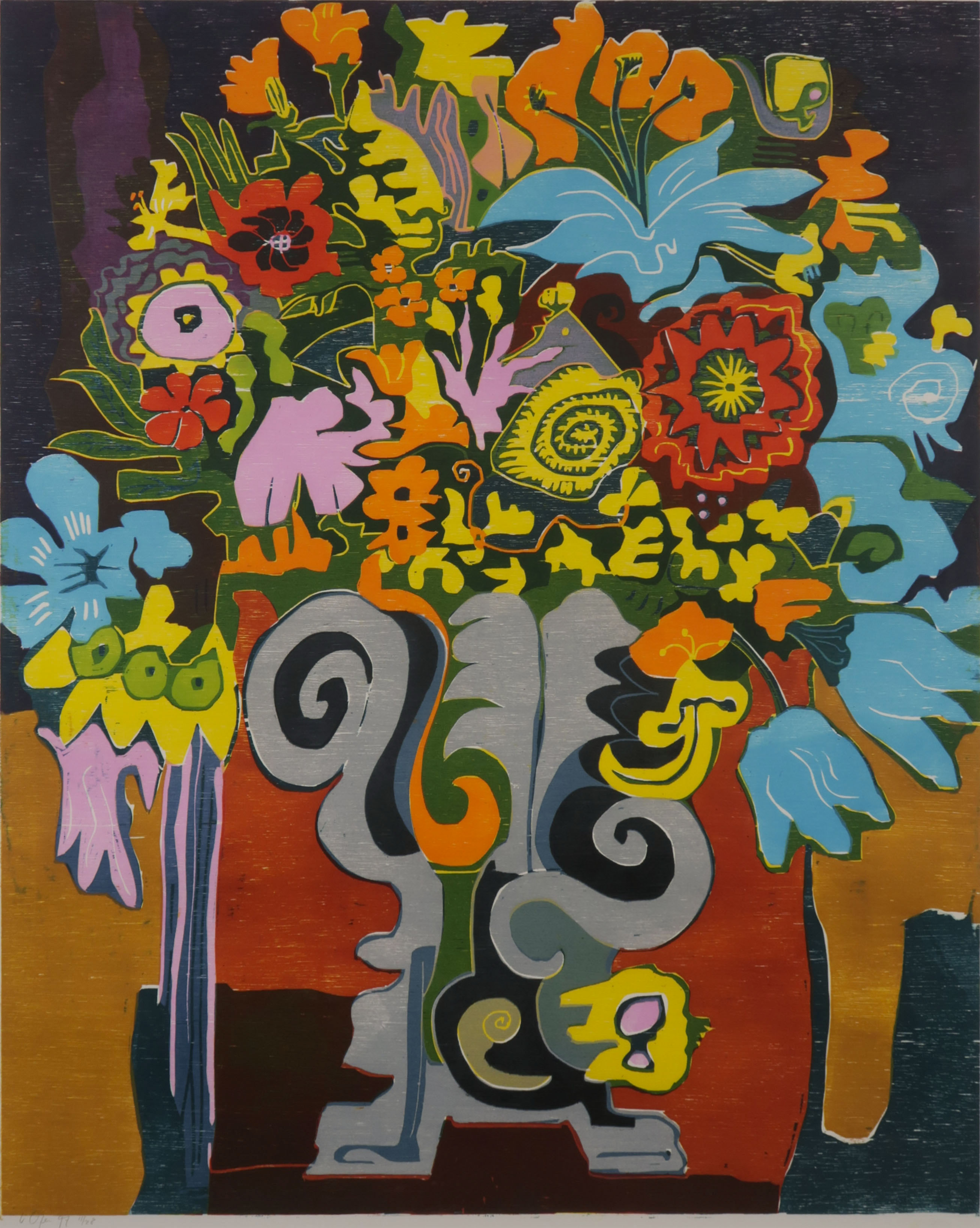 Vincent van Ojen - Linosnede, Groot boeket - Ingelijst kopen? Bied vanaf 80!