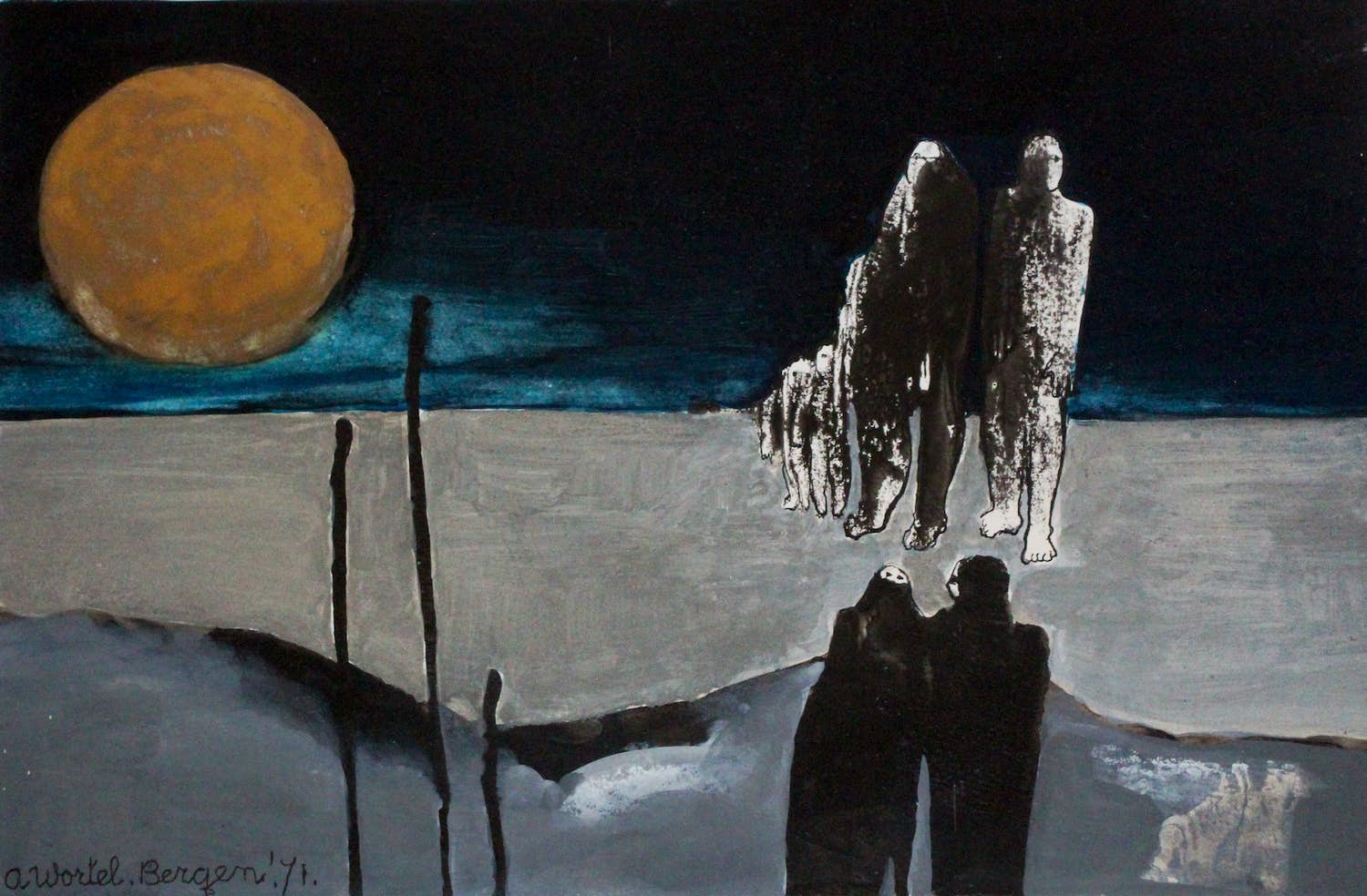 Ans Wortel - Gemengde techniek: Schaduwen voor 's-nachts en 's-avonds - 1971 verkocht voor € 225!