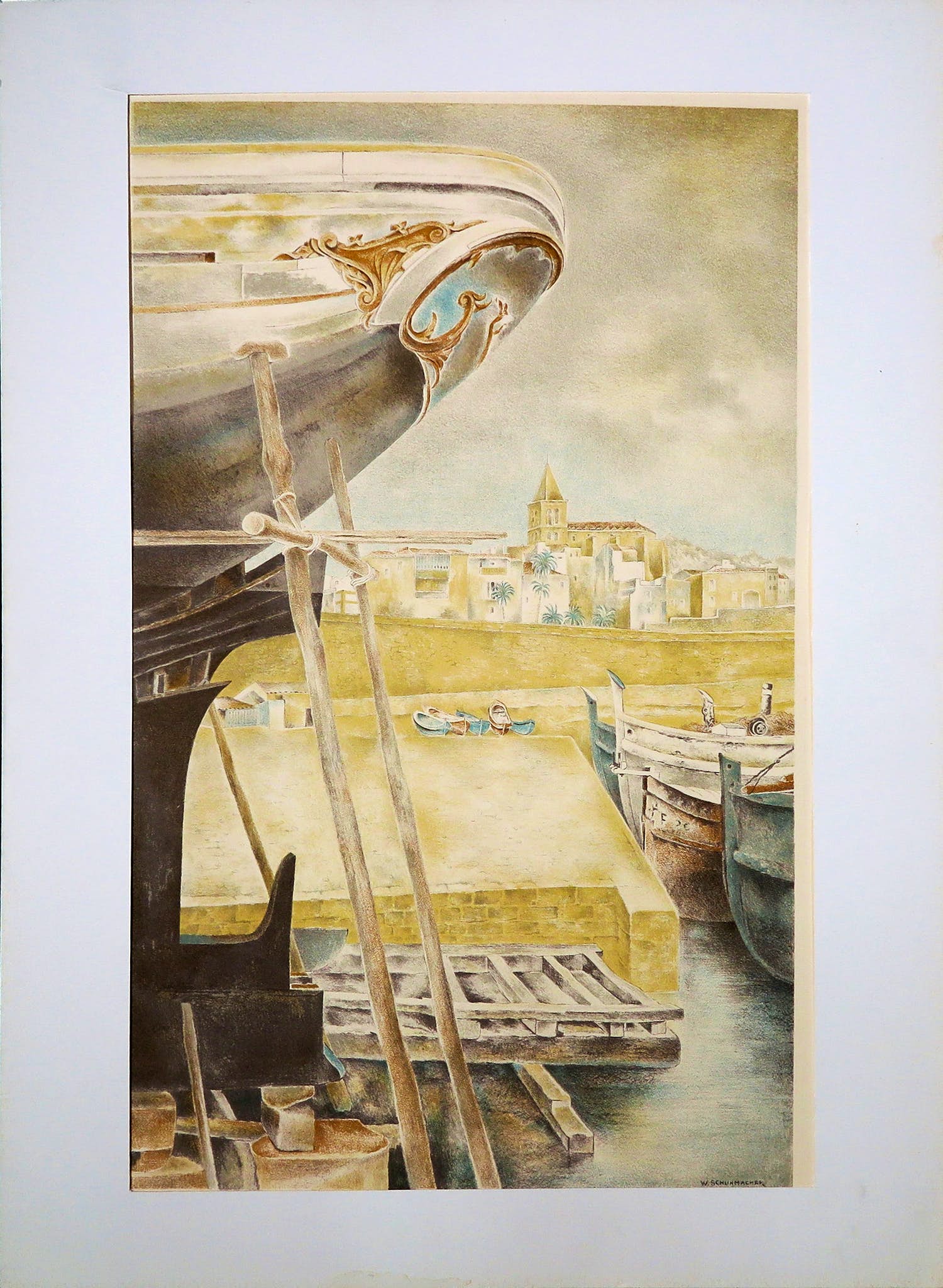 Wim Schuhmacher - Litho, Mediterrane haven verkocht voor € 1!