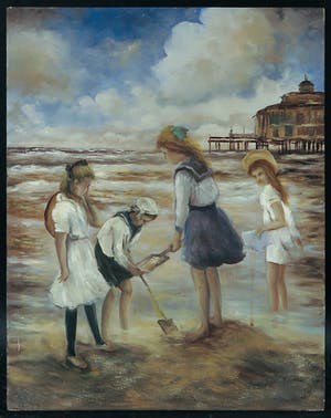 Jan Beaufort - Olieverf op paneel, Spelen op het strand kopen? Bied vanaf 1!