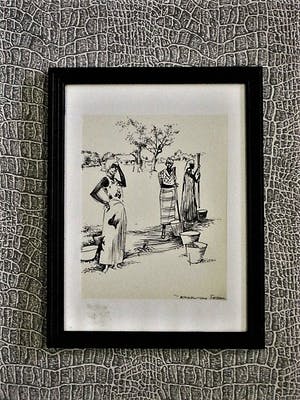 Karel van Seben - Mooie scherpe Inkttekening "Afrika - vrouwen in dorp" gesigneerd kopen? Bied vanaf 29!