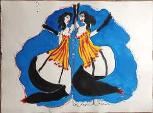 Anton Heyboer - Twee Can Can Danseressen - Gouache en krijt - Jaren 90 verkocht voor € 295!