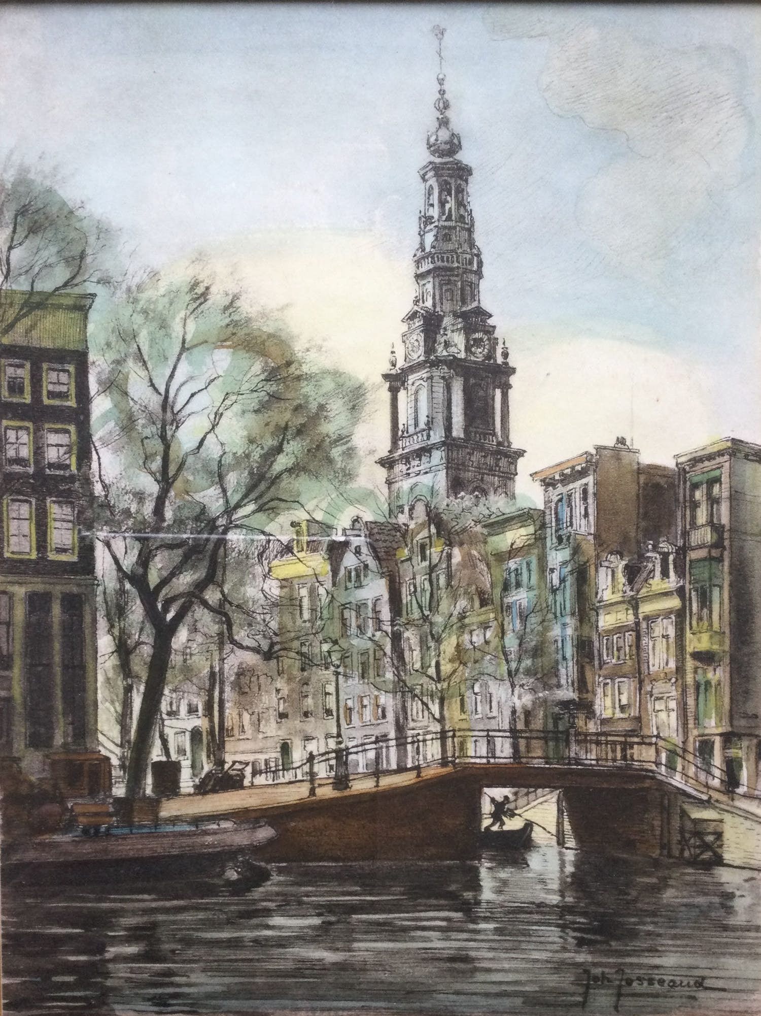 Johannes Josseaud - Amsterdamse gracht met Zuiderkerk | gekleurde litho (uniek)- ingelijst kopen? Bied vanaf 45!