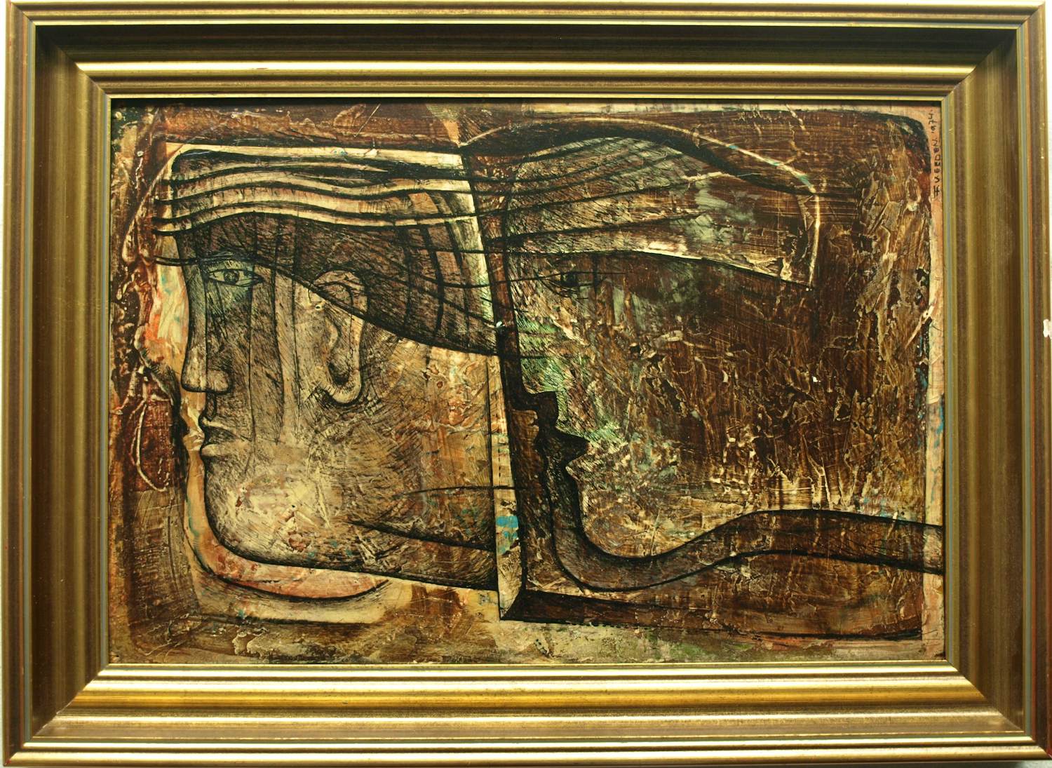 Frits van Eeden - Olieverf en stift op paneel, Twee gezichten – 1974 – Lijst, 49½ x 67½ cm. kopen? Bied vanaf 125!