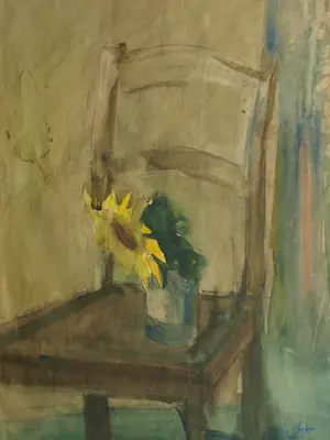 Bob ten Hoope - Ingelijste aquarel , Zonnebloem op Stoel – Lijst, 58 x 48 cm. kopen? Bied vanaf 1!