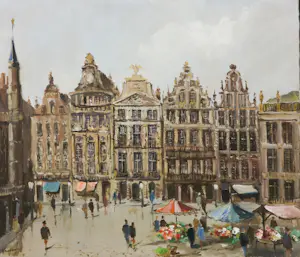 Rein Snapper - Olieverf op doek, Bloemenmarkt Brussel - Ingelijst kopen? Bied vanaf 80!