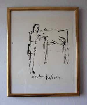 Anton Heyboer - Penseeltekeningen op molenpapier. Anton Heyboer met zijn Deense Dog Kunti verkocht voor € 175!