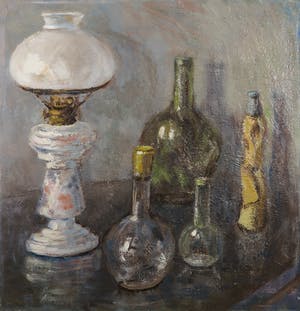 Niet of onleesbaar gesigneerd - Olieverf op board, Stilleven met olielamp kopen? Bied vanaf 1!