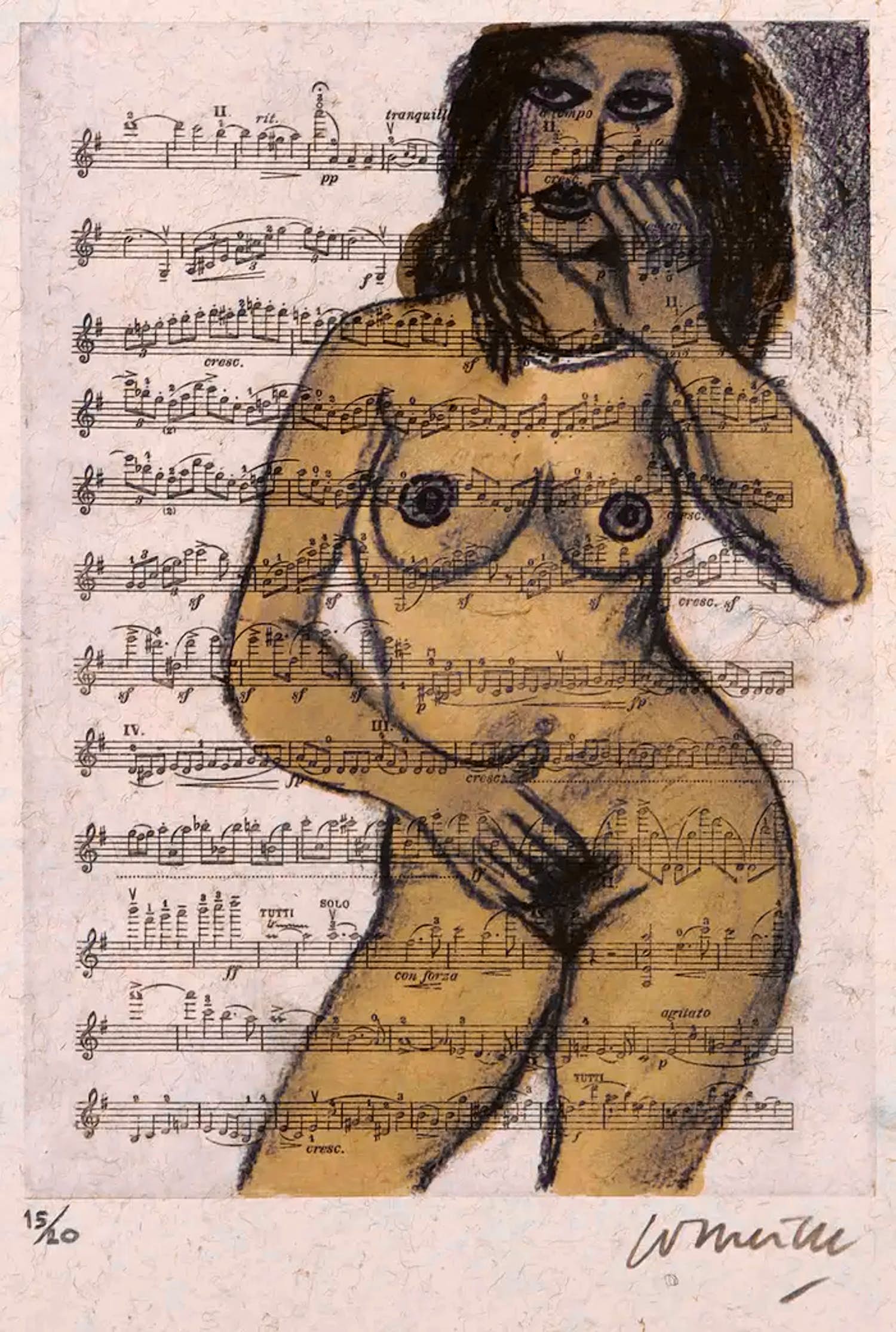 Corneille - Zeefdruk, "Naakt op muziekpapier" verkocht voor € 1!