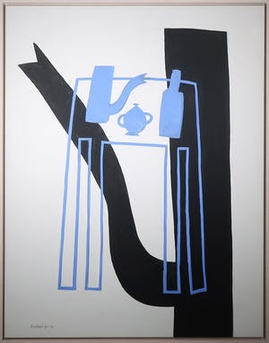 Klaas Gubbels - Acryl op doek, Stilleven met tafel, kan en fles - Ingelijst (Zeer groot!!) kopen? Bied vanaf 6000!