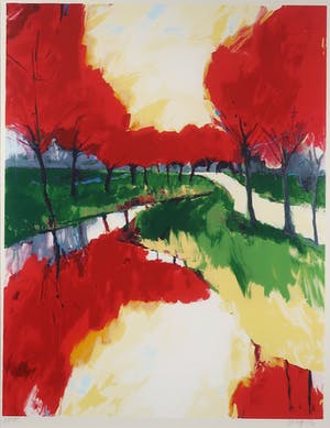 Gerda Elfring - Zeefdruk, Landschap met bomen - Ingelijst (Groot) kopen? Bied vanaf 20!