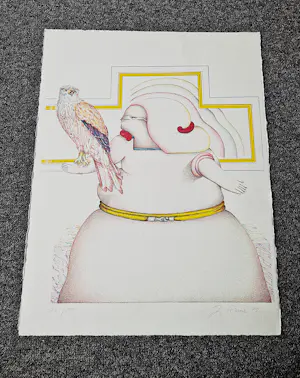 Jörg Remé - Originele 1979 kleuren Lithografie "dame en havik" - beperkte oplage (100) kopen? Bied vanaf 48!