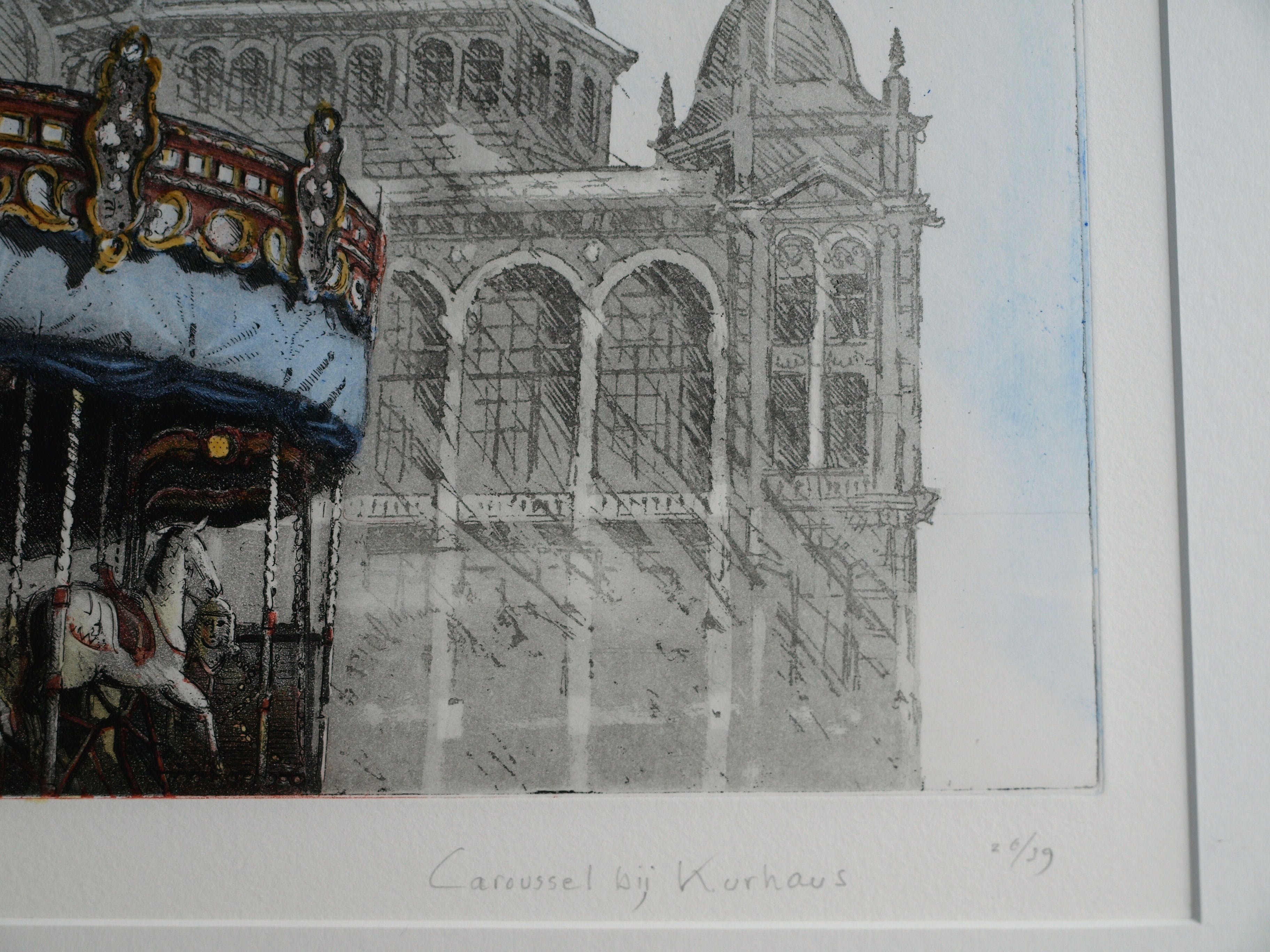 Wim Bettenhausen - Ets , Carousel bij Kurhaus , Scheveningen – ingelijst – 1995 kopen? Bied vanaf 75!
