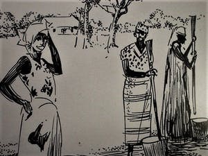 Karel van Seben - Mooie scherpe Inkttekening "Afrika - vrouwen in dorp" gesigneerd kopen? Bied vanaf 29!