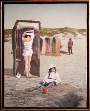 Chris van Geest - Olieverf op doek - "moeder en kind op het strand" verkocht voor € 1425!