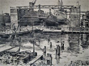 Tom van As - Realistische potloodtekening "droogdok Rotterdamse haven" gesigneerd kopen? Bied vanaf 10!