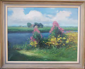 Bouke van der Sloot - Fries landschap met zomerbloemen. kopen? Bied vanaf 350!