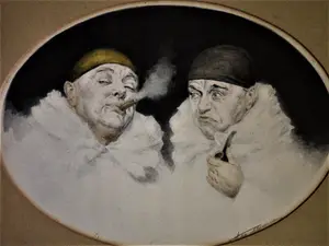 AcheterNiet of onleesbaar gesigneerd - Fraaie laat 19e eeuw Franse? Art Nouveau Ets "2 pierrots" gesign.? Enchérissez de 1!