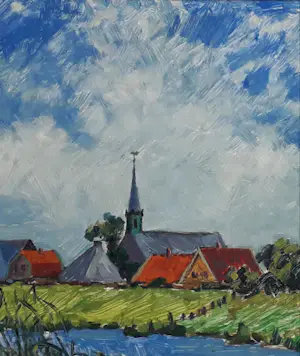Jan Dekker - Kleurrijk landschap met dorphe aan water kopen? Bied vanaf 75!