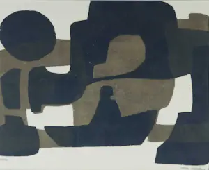 Hilde Mohring - Houtsnede (handbewerkt), Z.T. Abstracte compositie in bruin en zwart - Ingelijst kopen? Bied vanaf 50!