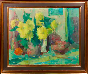Ton Albers - Olieverf op doek, Bloemstilleven - Ingelijst verkocht voor € 50!