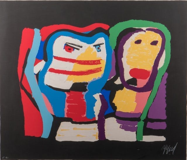 Karel Appel - Deux personnages - gesigneerde zeefdruk verkocht voor € 1000!