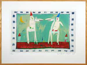 Wouter Stips - Zeefdruk, Daddy always brings home something spectacular - Ingelijst (Groot) verkocht voor € 50!