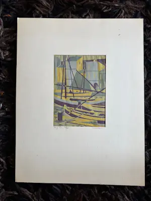 Geert Geerligs - linosnede: bootjes in de haven kopen? Bied vanaf 35!