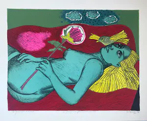 AcheterCorneille - Lithografie 'Vrouw met Australische bloem', 1988? Enchérissez de 450!