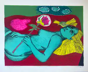 AcheterCorneille - Lithografie 'Vrouw met Australische bloem', 1988? Enchérissez de 450!