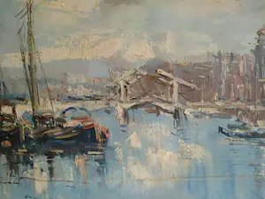 Jan Kelderman - Amsterdamse havenscene - olieverf op doek kopen? Bied vanaf 165!
