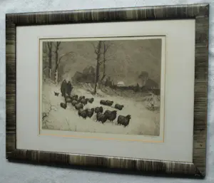 Sal Meijer - Ingelijste ets , Winterse wandeling met schapen in Laren (NH) kopen? Bied vanaf 60!