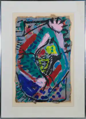Bep Toscani - Gouache op krantenpapier, Gekleurde abstracte compositie - Ingelijst kaufen? Bieten Sie von 70!