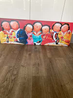 Theo Broeren - Glicée met acryl op doek ‘ Feest ‘ verkocht voor € 70!