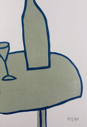 Klaas Gubbels - linosnede ‘Tafel met fles en glazen’ uit 1998 - oplage 125. kopen? Bied vanaf 175!
