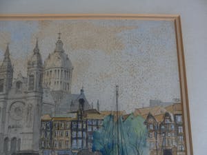 Jan den Hengst - Aquarel. zicht op de St. Nicolaaskerk te Amsterdam. kopen? Bied vanaf 35!