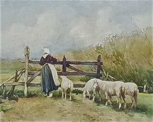 Niet of onleesbaar gesigneerd - boerin met schapen bij hek kopen? Bied vanaf 1!